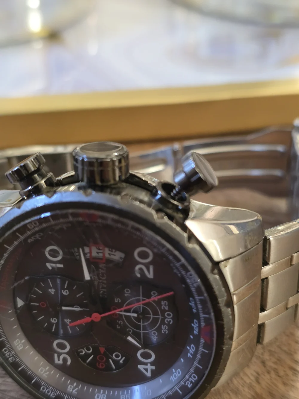 Invicta Men’s Black Chronograph Stainless Steel Watch Crown Damaged